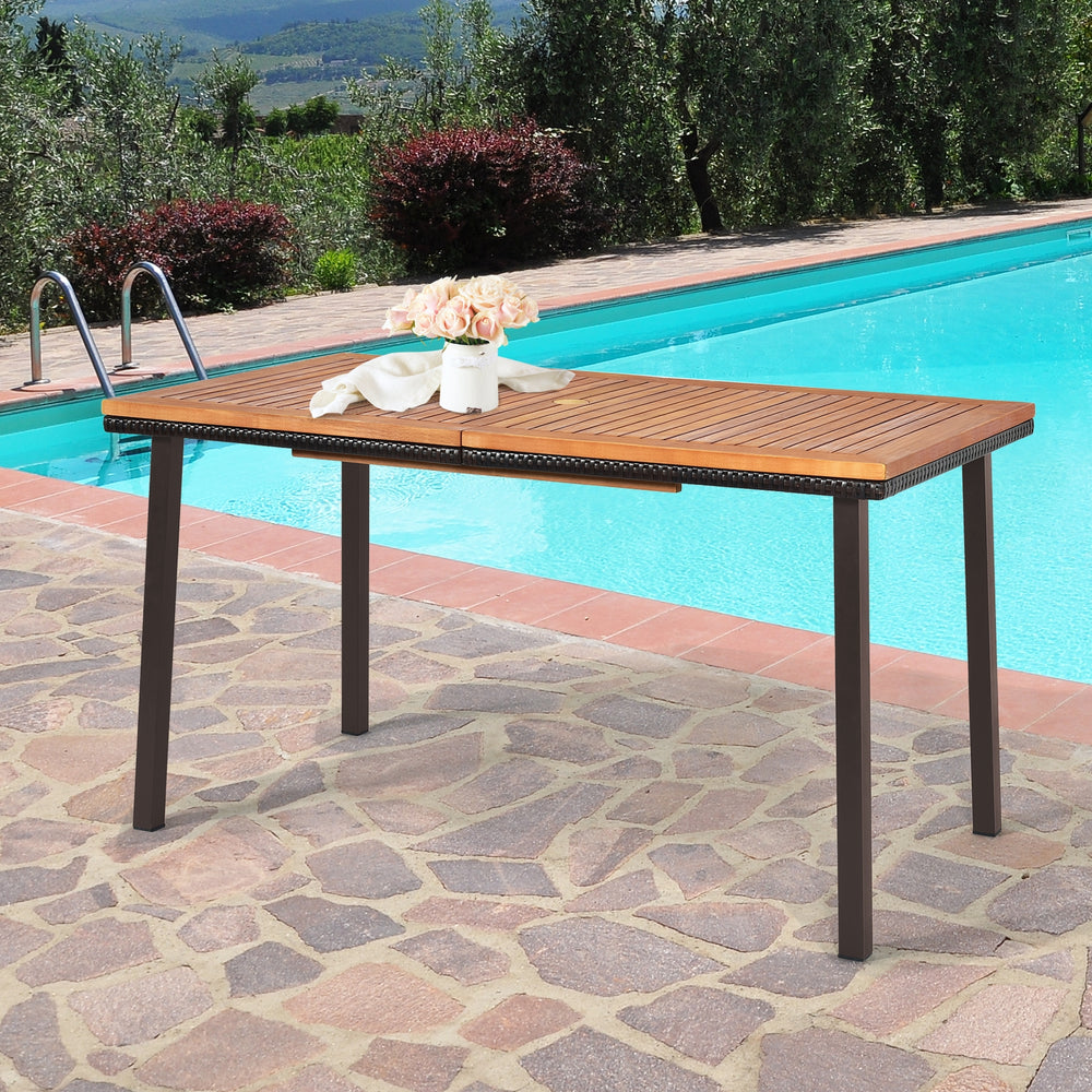 Acacia wood patio dining table with umbrella hole, featuring a slatted surface and rust-proof legs, perfect for outdoor.