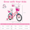Kids' 14-inch bicycle with training wheels, doll seat, and basket, designed for ages 3-9 years, perfect for outdoor fun.