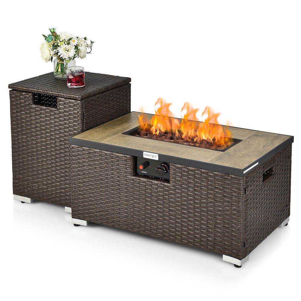 Rattan fire pit table set with side table, 40000 BTU heat, all-weather PE rattan, ideal for outdoor gatherings.