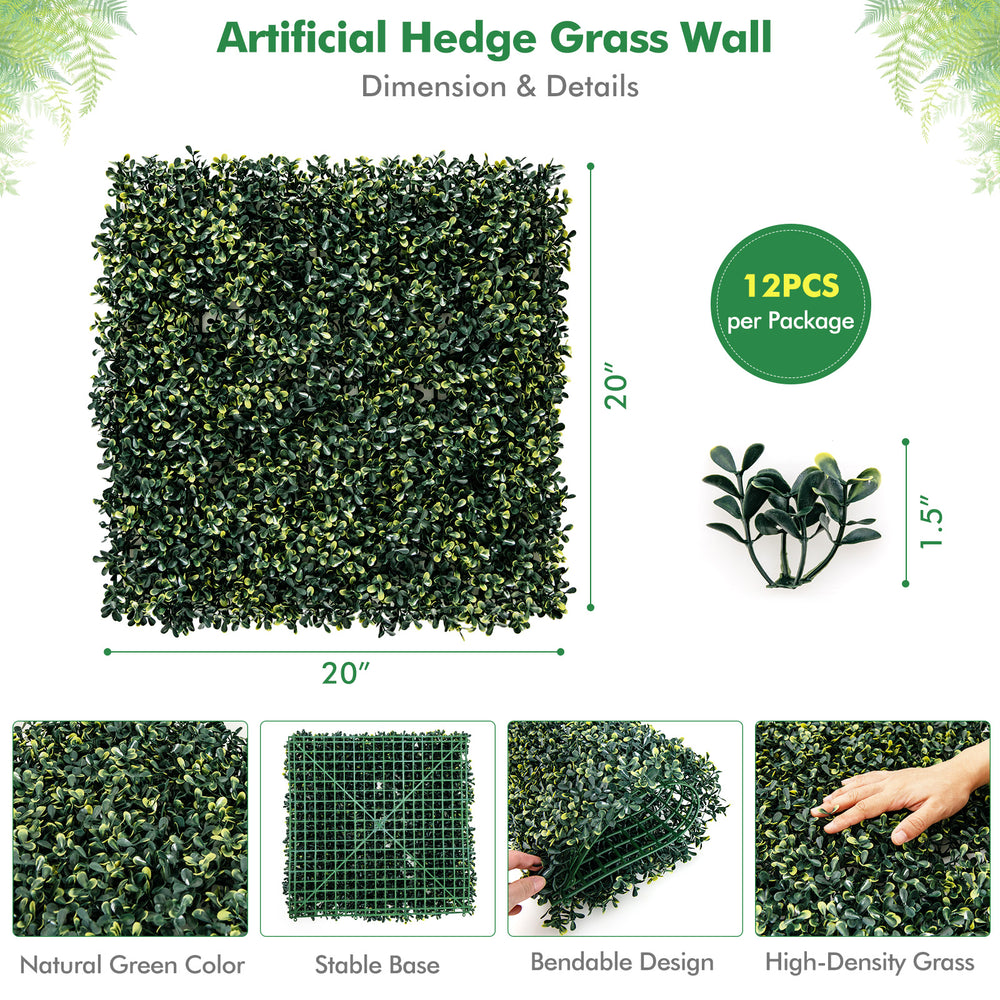 Artificial peanut leaf hedge panel, 20"x20", 12 pieces, 1.5" tall leaves, UV resistant for outdoor decoration.