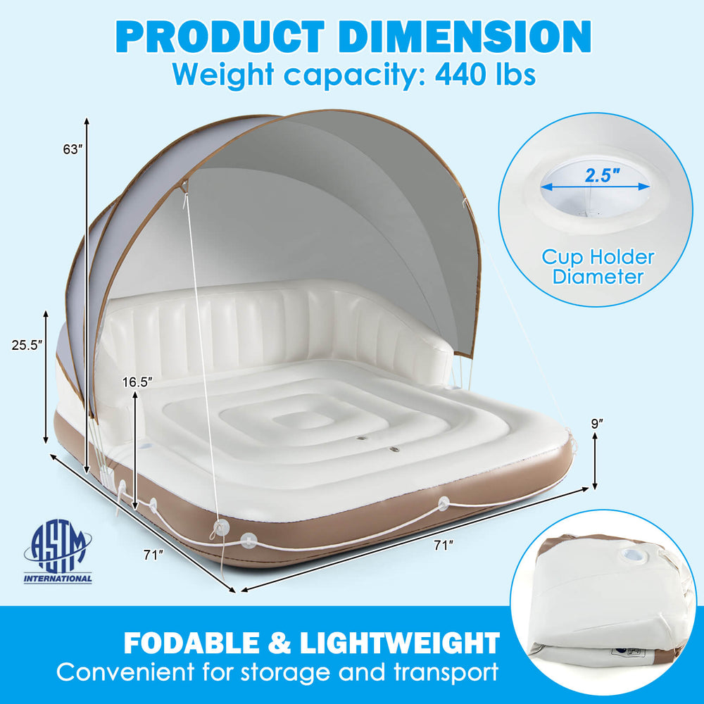 Inflatable pool float lounge with detachable sunshade, 2 cup holders, and durable PVC for easy storage and transport.