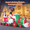 Santa Claus drives a colorful inflatable train with a snowman, perfect for festive outdoor holiday displays.