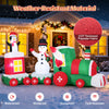 Christmas inflatable train featuring Santa Claus, snowman, and penguin, made of weather-resistant polyester fabric.