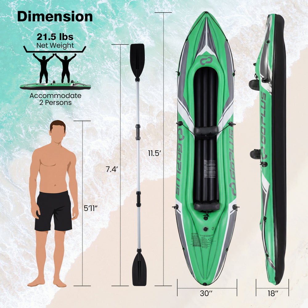 11.5 feet inflatable kayak for 2 persons in green, includes aluminum paddles, shown with dimensions and weight.