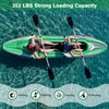 Two people paddling in a green 11.5 feet inflatable kayak, designed for fishing, drifting, and exploring.