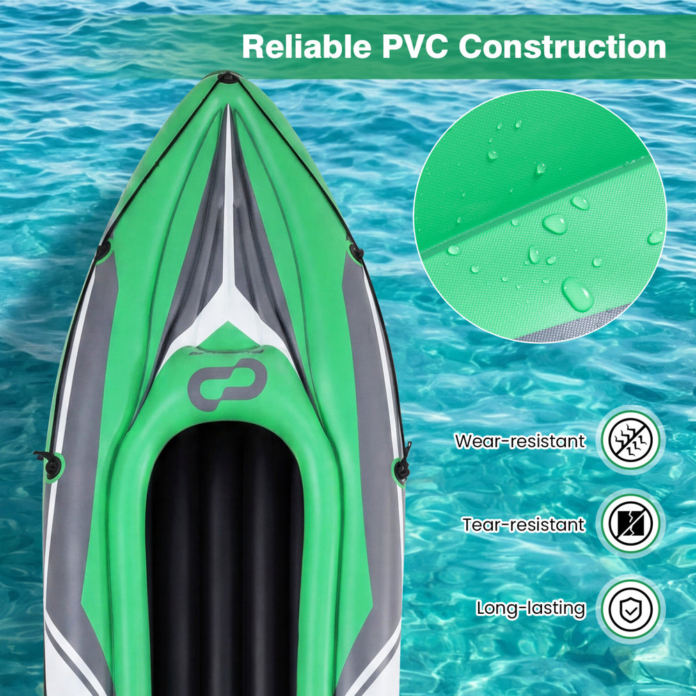 Inflatable 11.5 feet kayak for 2 persons in green, featuring reliable PVC construction and wear-resistant design.