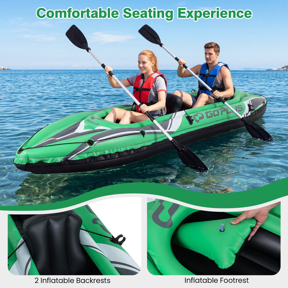 Two-person green inflatable kayak with aluminum paddles, featuring inflatable backrests for a comfortable seating.
