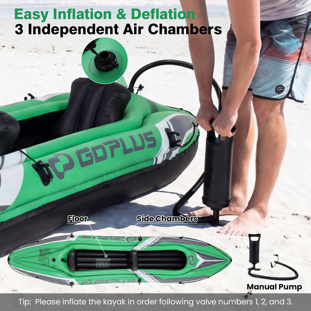 Inflatable 11.5 feet kayak for 2 persons in green, featuring 3 independent air chambers and manual pump for easy.