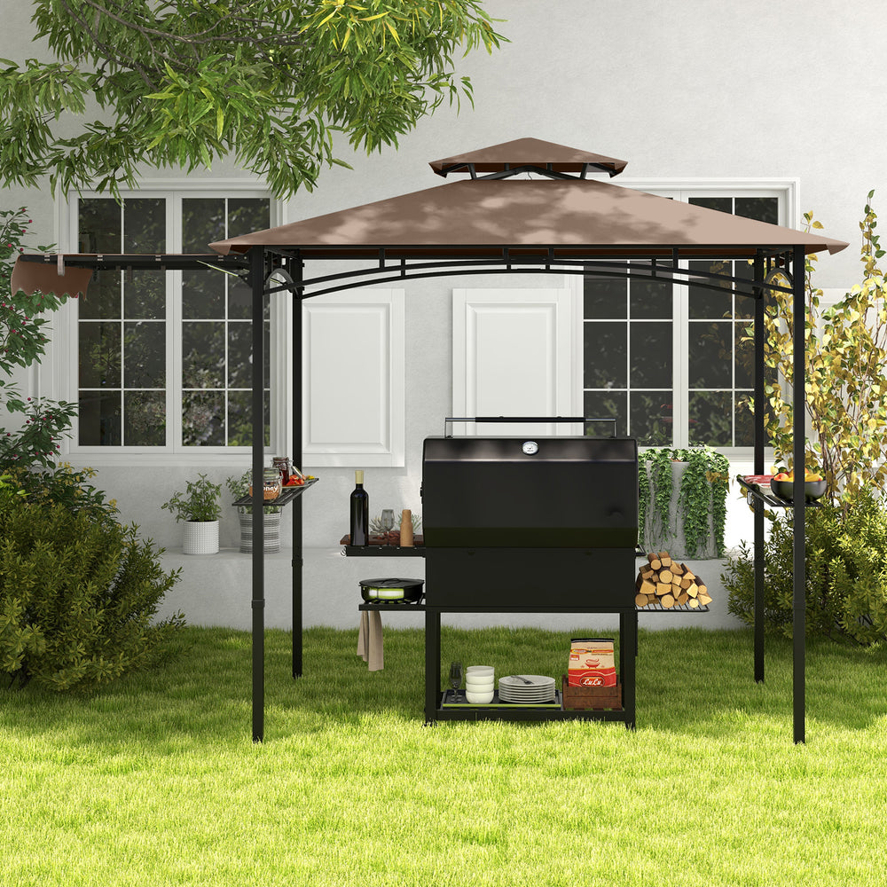 Grill gazebo with brown double-tiered top, side awning, and storage shelves for outdoor cooking and gatherings.
