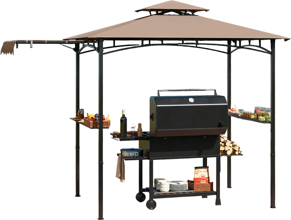 Grill gazebo with side awning and double-tiered top, featuring sturdy metal frame and storage shelves for outdoor.