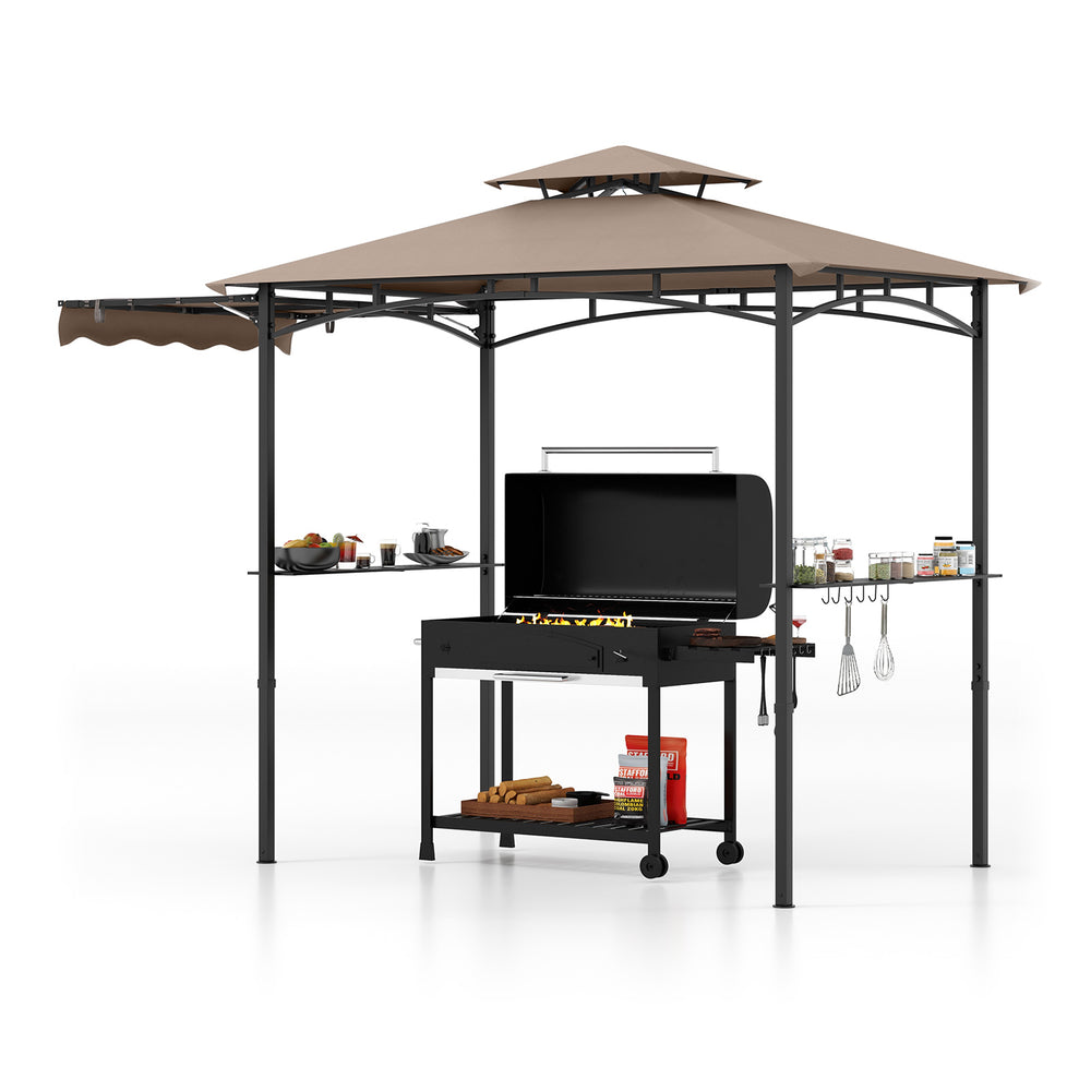 Grill gazebo with double-tiered top, side awning, and storage shelves for outdoor cooking and gatherings.