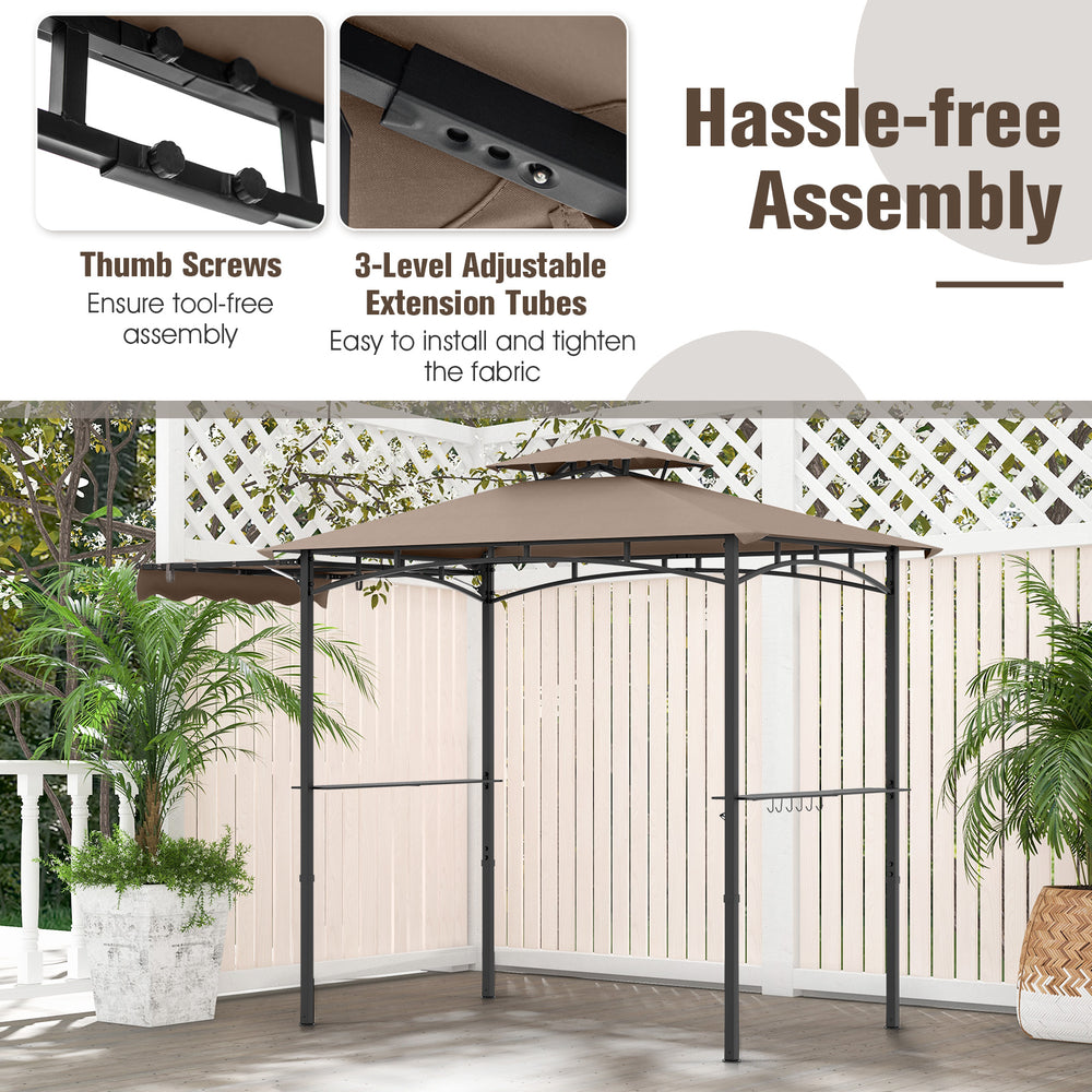 Grill gazebo with double-tiered top and side awning, featuring tool-free assembly and sturdy powder-coated metal frame.