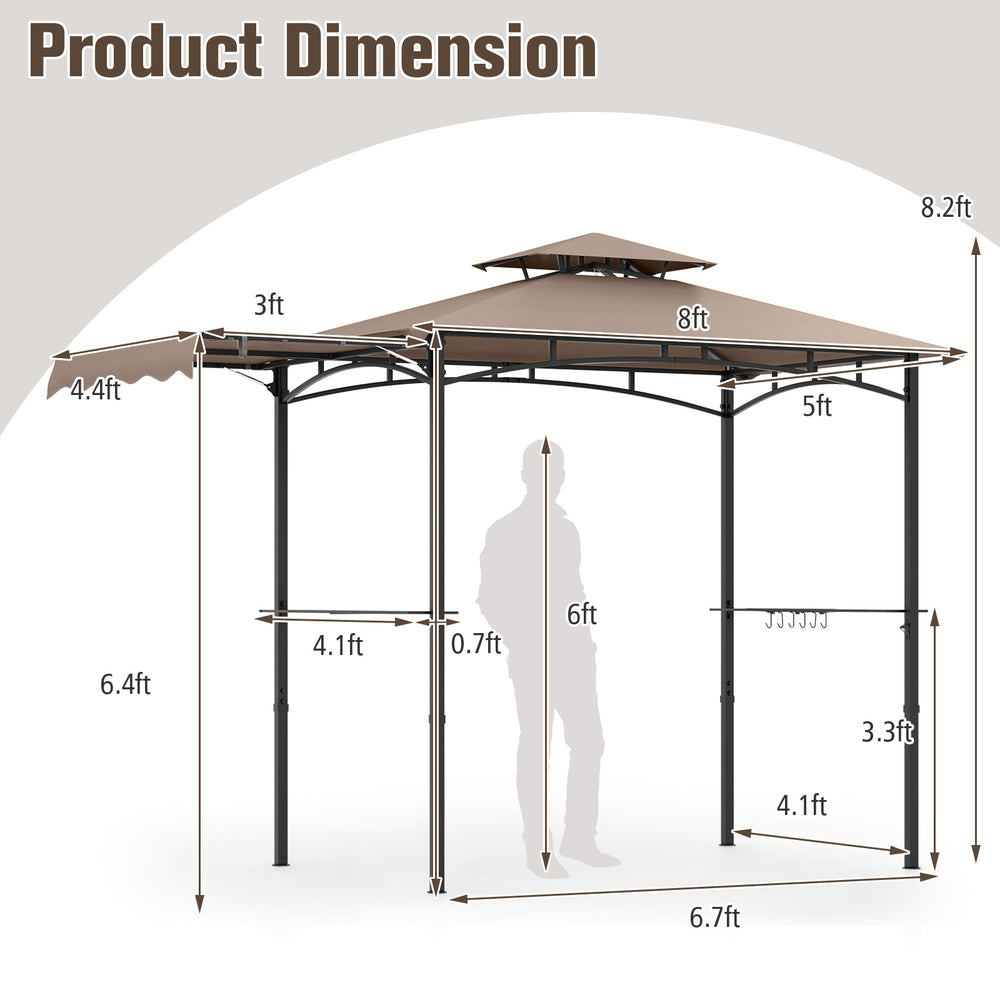 Dimensions of the 11 x 5 FT brown grill gazebo, featuring a double-tiered top and side awning for enhanced shade.