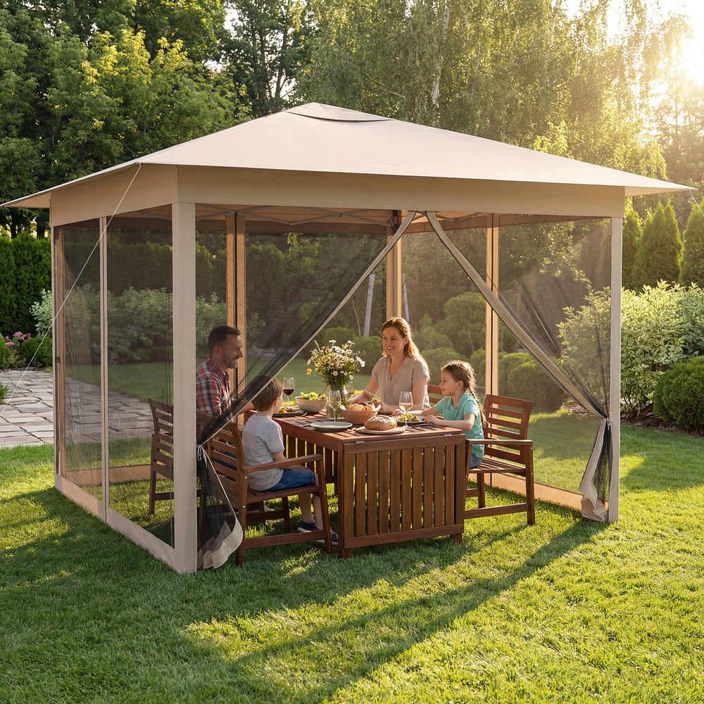 11.5 x 11.5 FT Pop-up Canopy Instant One-Person Setup with Mesh Screen Netting-Beige - Gallery View 1 of 11