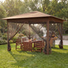 Pop-up canopy with mesh screen netting in brown, featuring a one-hand lock system for easy setup in outdoor spaces.