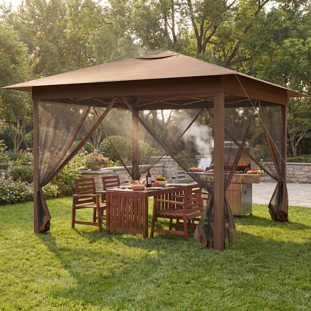 11.5 x 11.5 FT Pop-up Canopy Instant One-Person Setup with Mesh Screen Netting-Brown - Gallery View 1 of 11