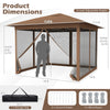 Pop-up canopy with mesh screen netting, 11.5 x 11.5 ft, brown, featuring adjustable height and easy one-person setup.