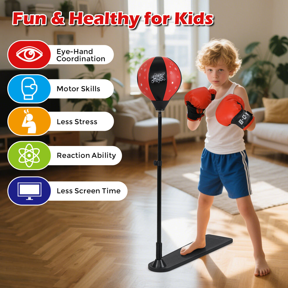 Kids punching bag with adjustable stand and gloves, designed for hand-eye coordination and health, in red and black.