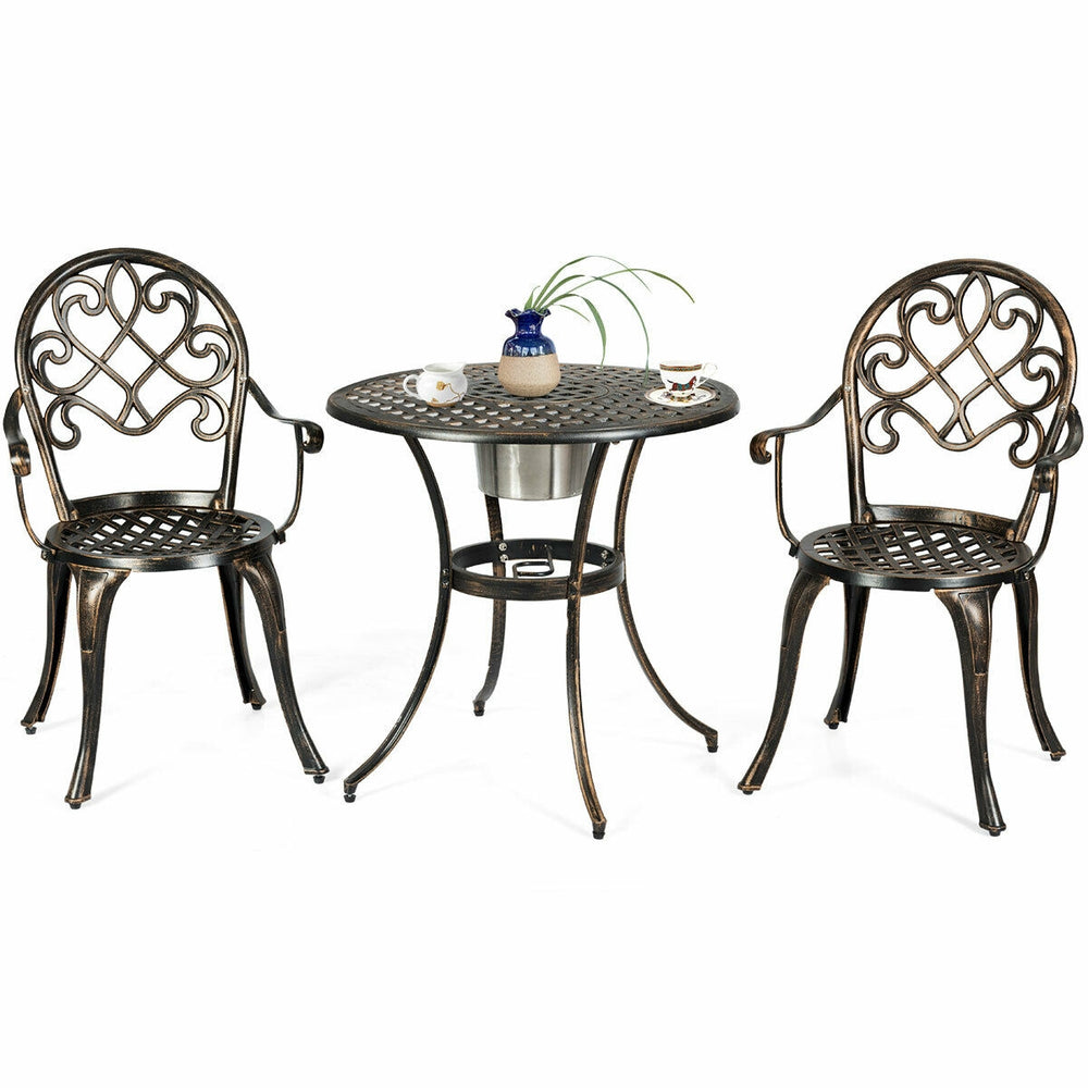 3-piece outdoor bistro set in antique bronze with removable ice bucket, perfect for garden or balcony relaxation.