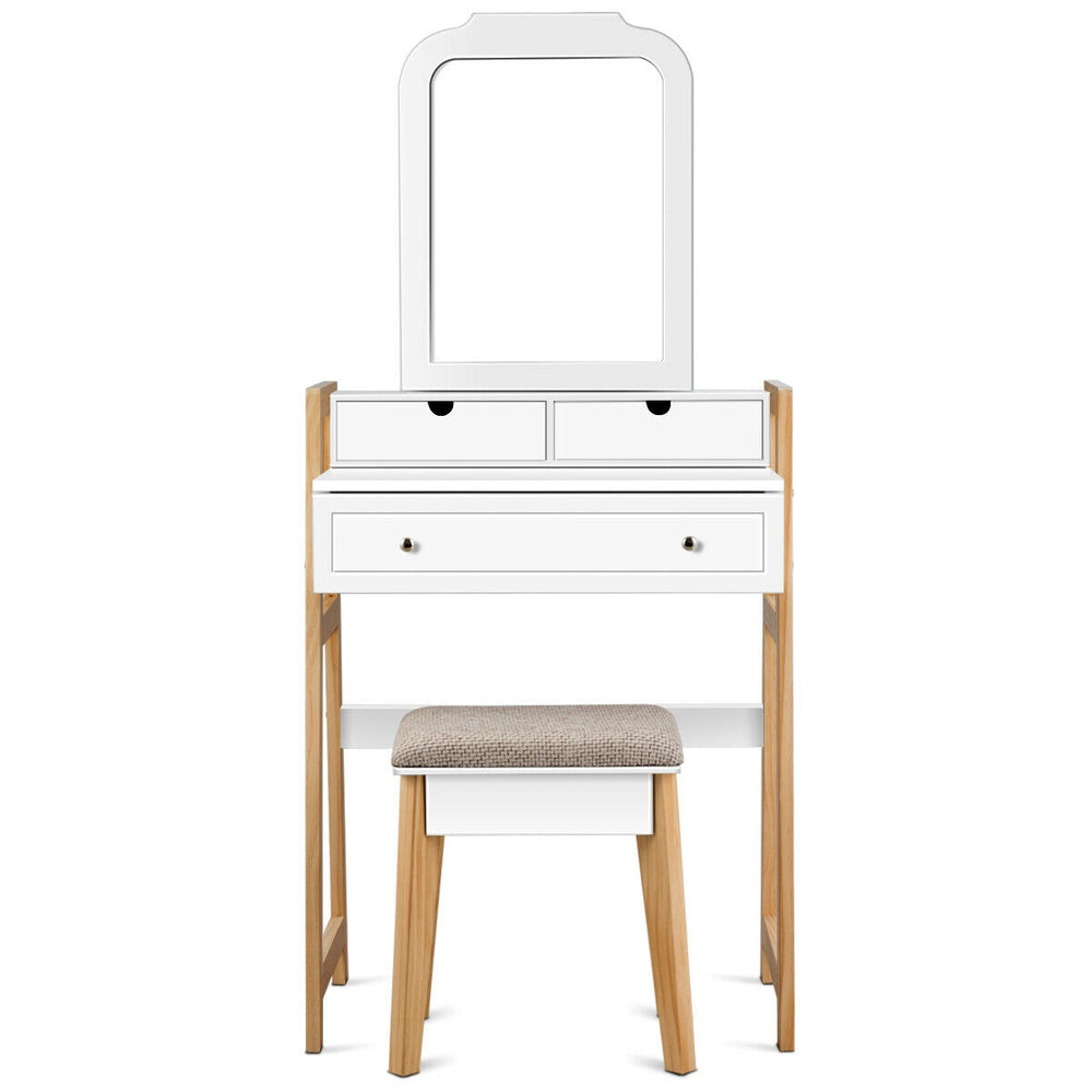 Vanity table set with large mirror, white finish, and cushioned stool, perfect for makeup and storage in any room.