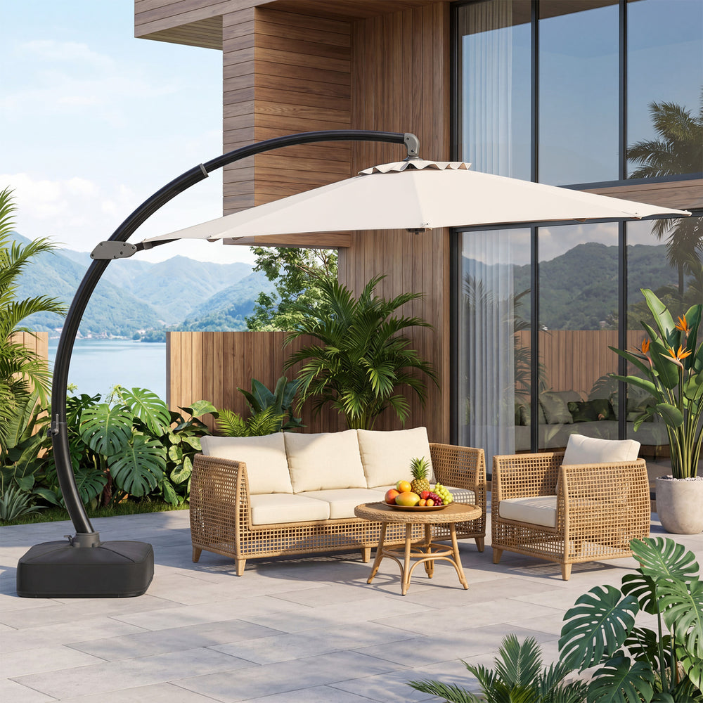 11 FT Cantilever Patio Umbrella with Base with 360° Rotation and Tilt Adjustment-Beige - Gallery View 1 of 11