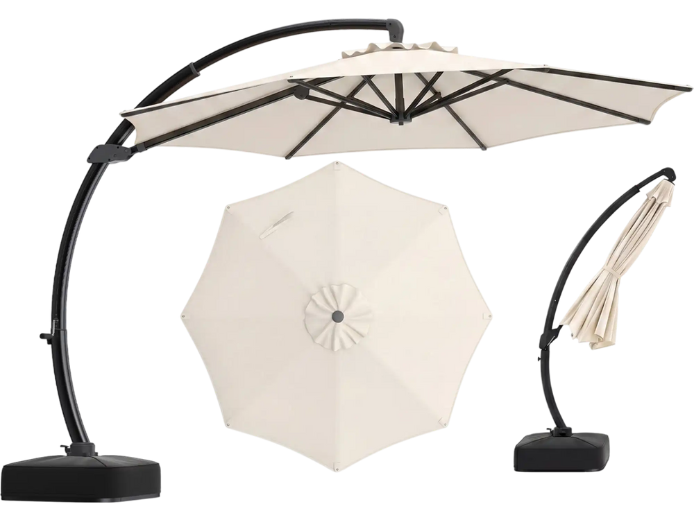 11 FT cantilever patio umbrella in beige with 360° rotation and tilt adjustment, ideal for outdoor shade.