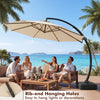 11 FT cantilever patio umbrella in beige with 360° rotation and tilt adjustment, perfect for outdoor gatherings.