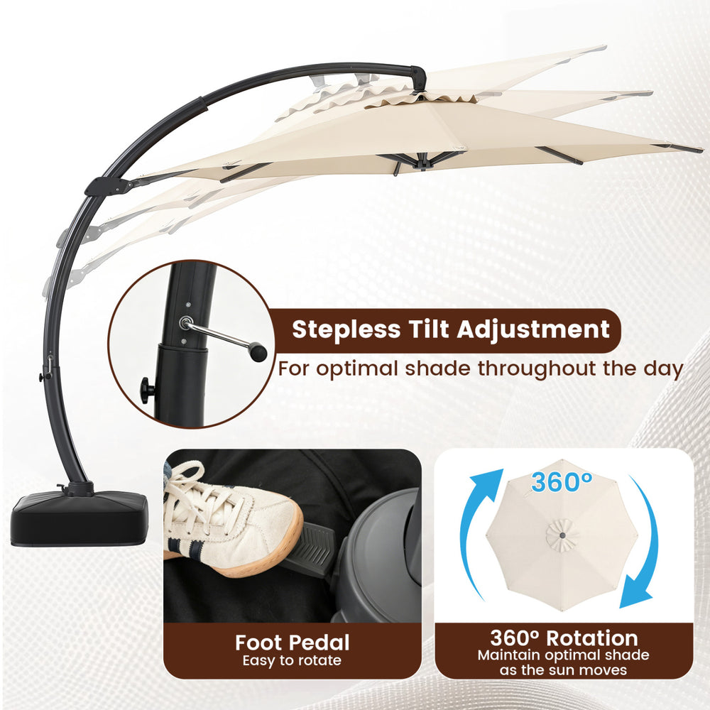 11 FT cantilever patio umbrella in beige with 360° rotation and stepless tilt for optimal shade in outdoor spaces.