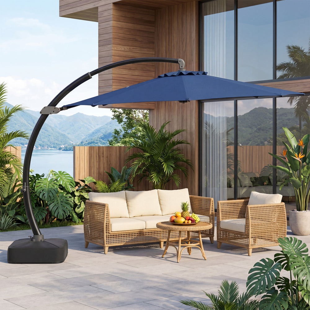 11 FT Cantilever Patio Umbrella with Base with 360° Rotation and Tilt Adjustment-Navy - Gallery View 1 of 11