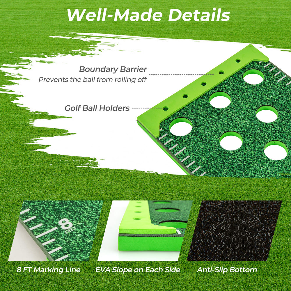 Putting green mat detail showing boundary barrier, golf ball holders, and anti-slip bottom for stable indoor/outdoor.