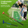 Two adjustable putters in use on an 11 FT putting green mat, perfect for kids, teens, and adults for indoor or outdoor.