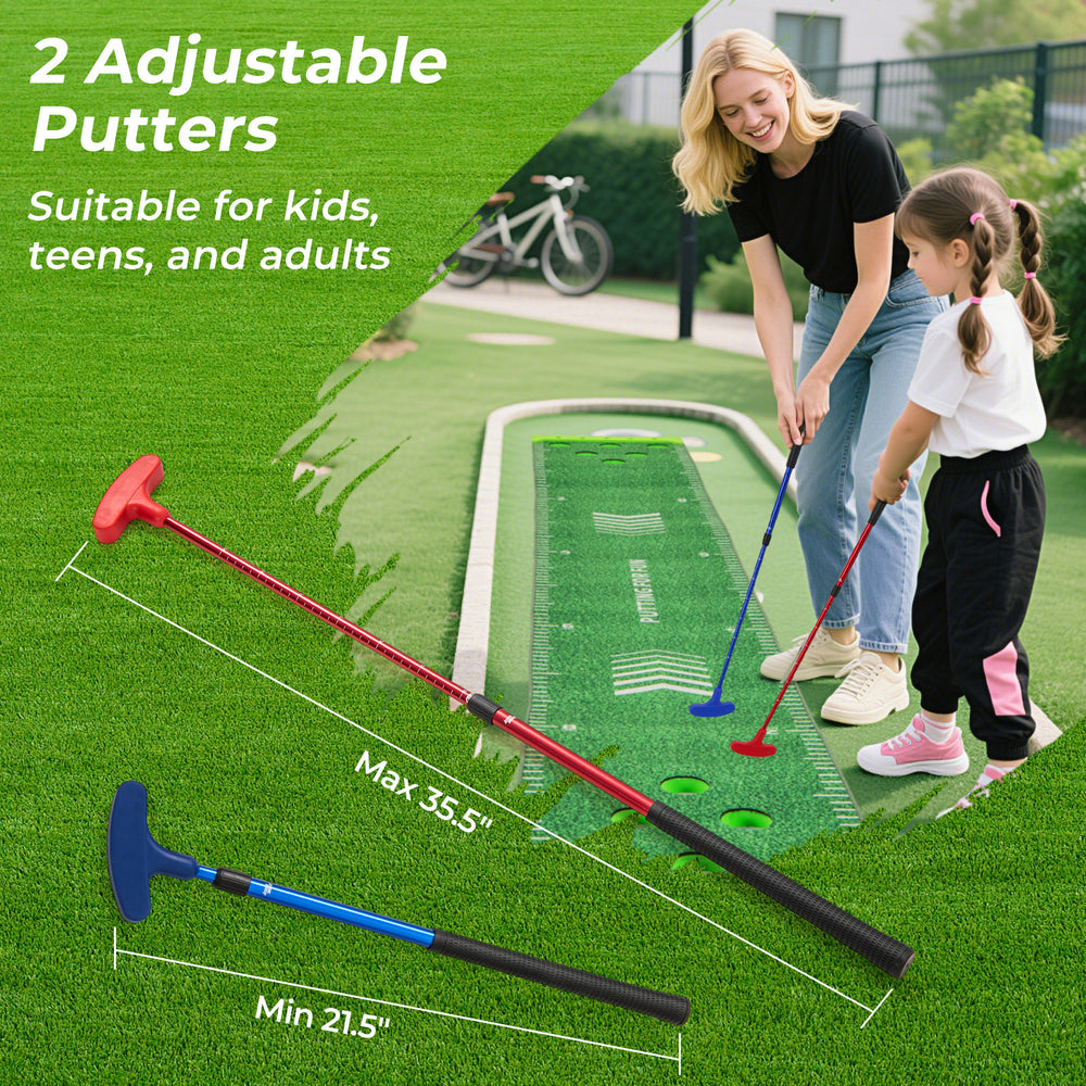 Two adjustable putters in use on an 11 FT putting green mat, perfect for kids, teens, and adults for indoor or outdoor.