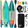 11 feet inflatable stand-up paddle board with kayak seat, double PVC construction, and accessories for versatile water.
