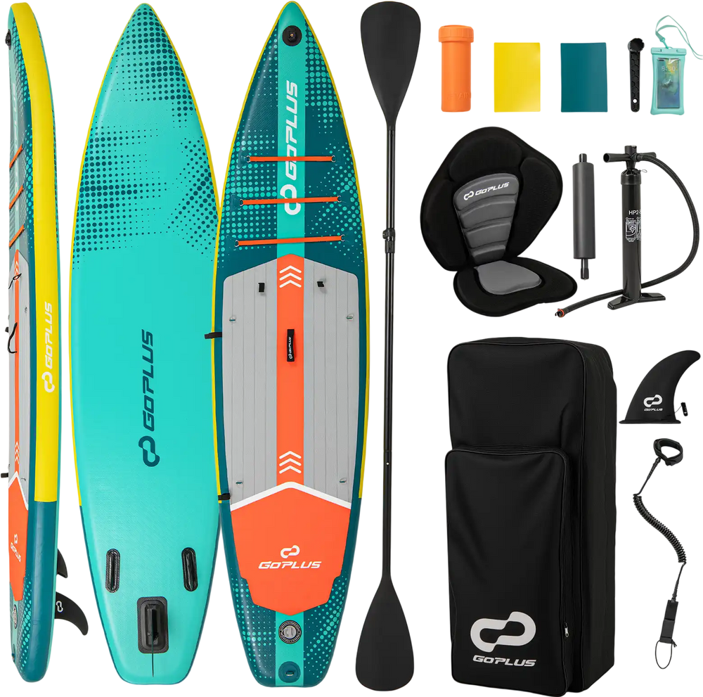 11 feet inflatable stand-up paddle board with kayak seat, double PVC construction, and accessories for versatile water.
