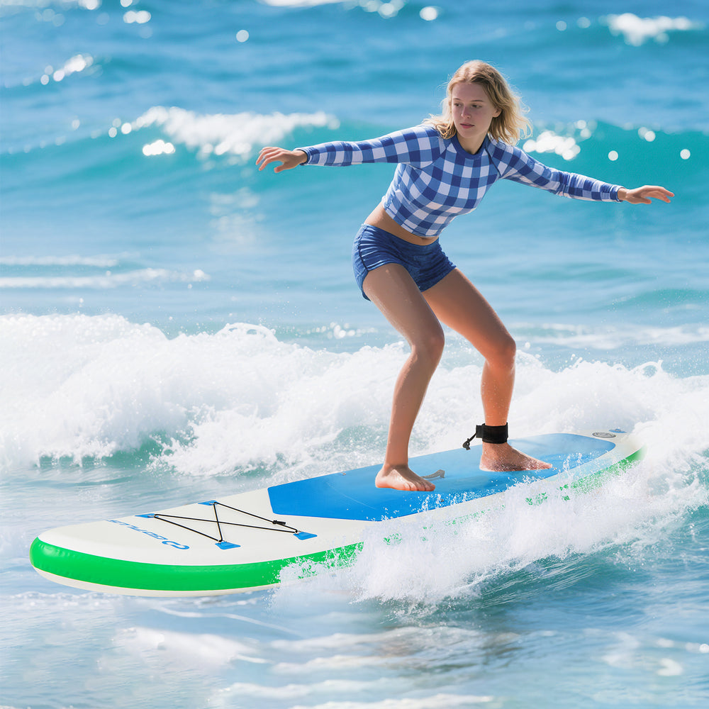 Inflatable 11 Feet stand up paddle board with non-slip deck, center fin, and safety leash, perfect for surfing.