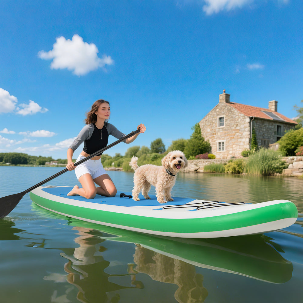 Inflatable 11 feet stand up paddle board with a non-slip deck, paddler, and dog, perfect for water adventures.