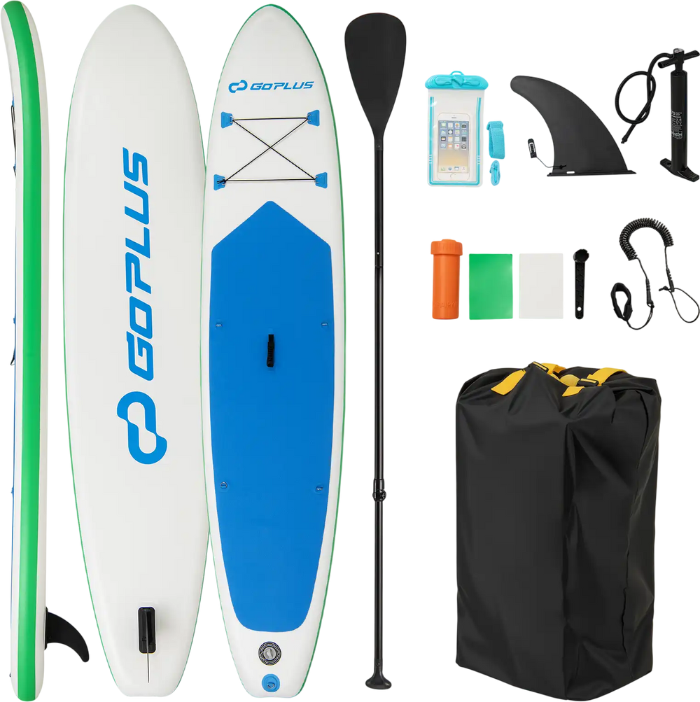11-foot inflatable stand-up paddle board with accessories, featuring a non-slip deck and removable fin for easy control.