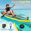 Inflatable stand-up paddle board with kayak seat, featuring a camera mount base for capturing moments on water.