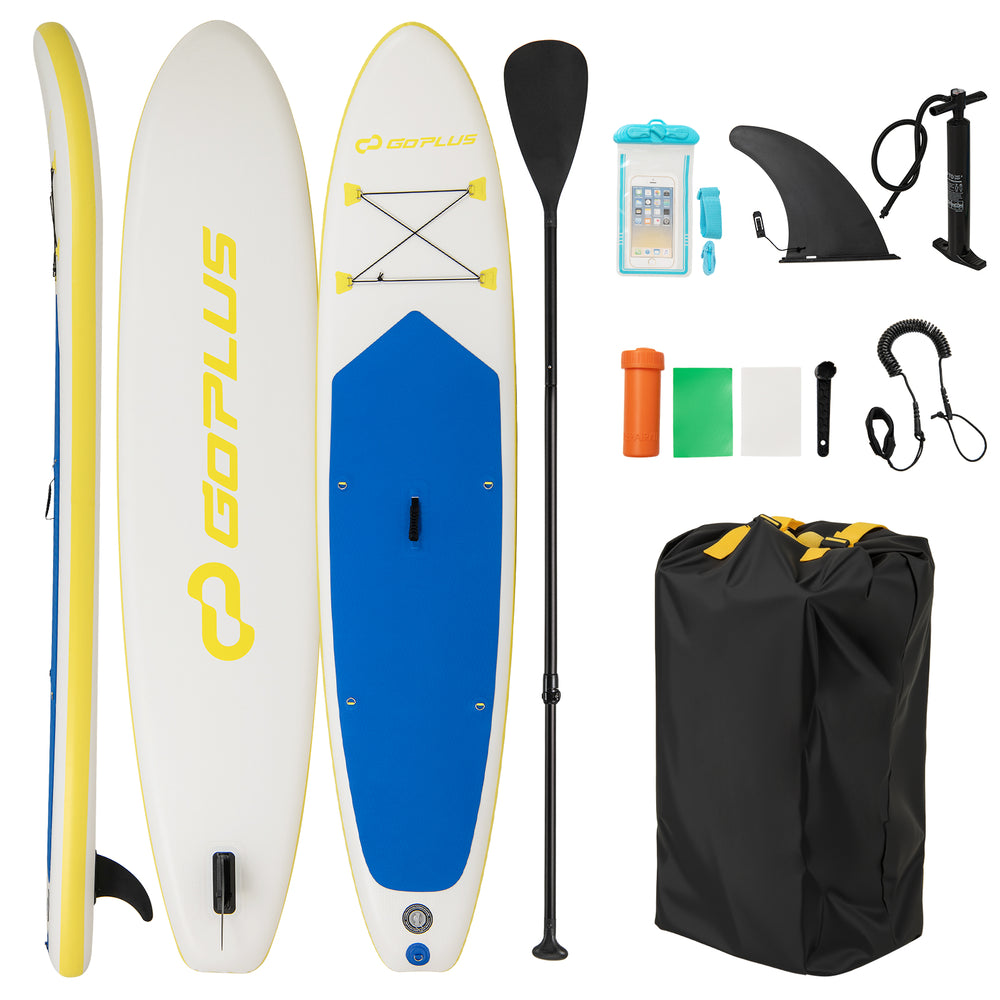 11-foot inflatable stand-up paddle board with paddle, pump, fin, and accessories for youth and adults, ideal for water.