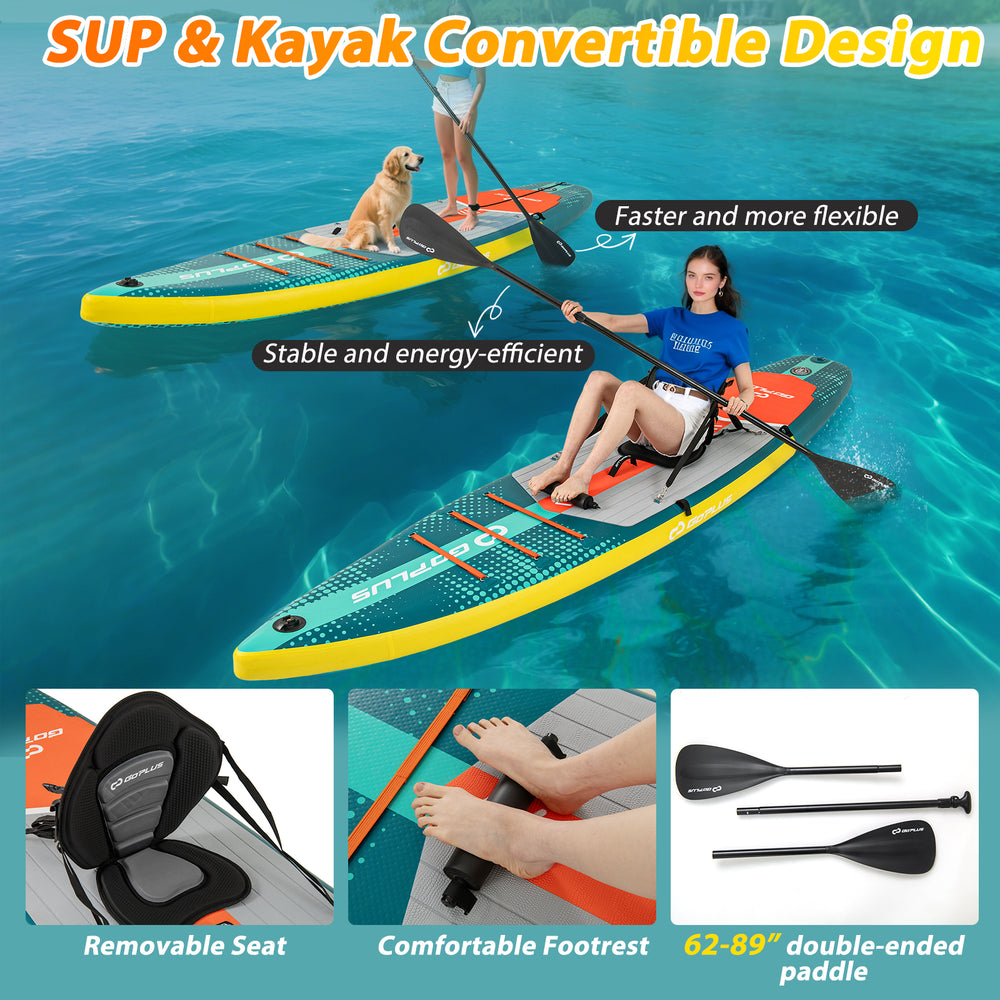 11-foot inflatable paddle board with removable kayak seat, featuring anti-slip deck and double-ended paddle for.