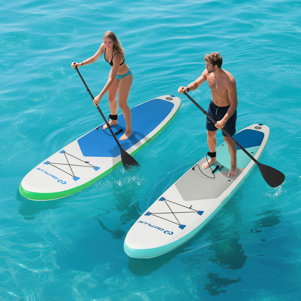 Two people paddling on 11 feet inflatable stand up paddle boards in clear water, featuring non-slip decks and removable.