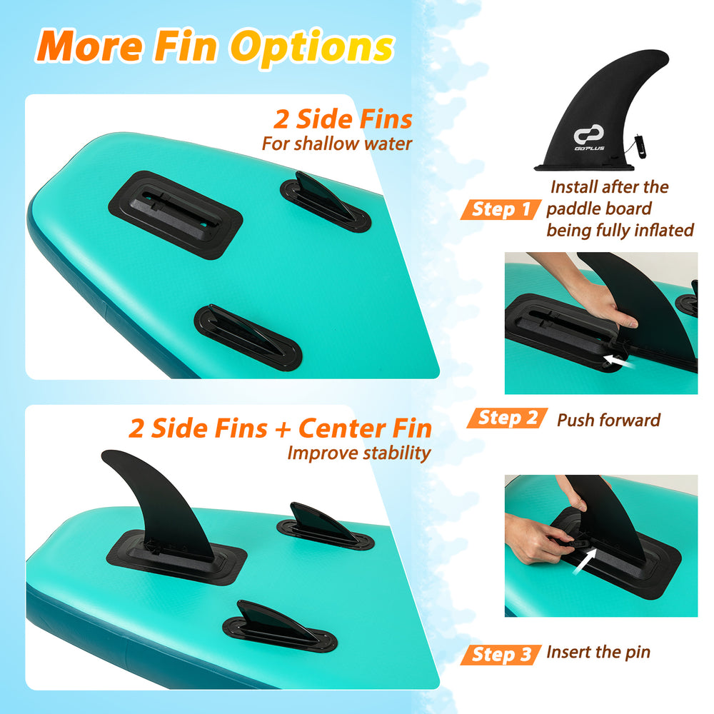 11 feet inflatable stand up paddle board with removable kayak seat, featuring 2 side fins for improved stability.
