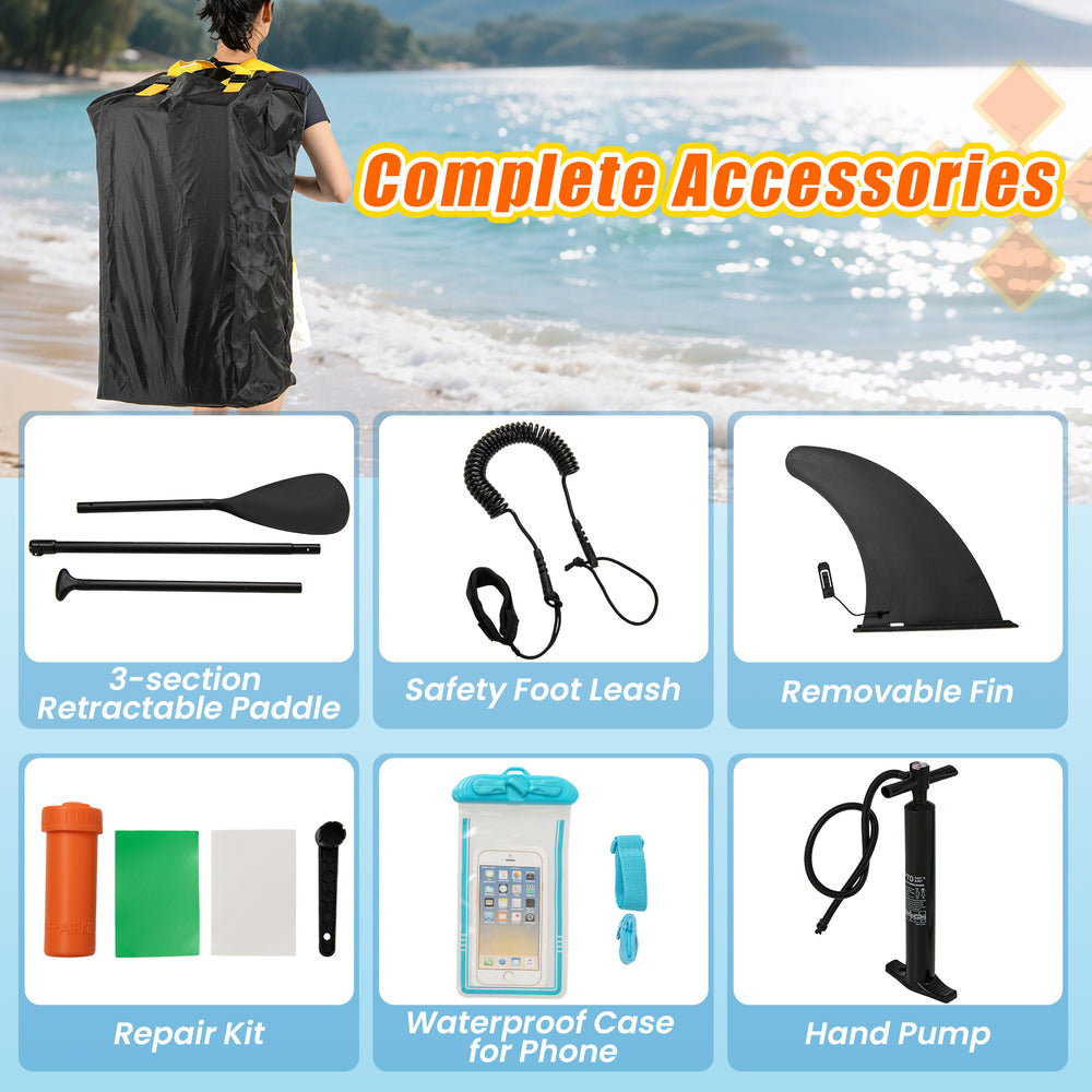 Complete accessory set for 11 Feet Premium SUP, including paddle, safety leash, removable fin, and hand pump for.