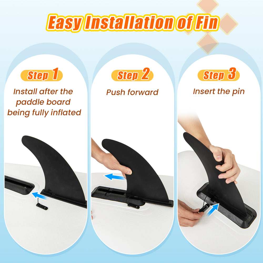 Easy installation steps for the removable fin on the 11 Feet Premium SUP Inflatable Stand Up Paddle Board.