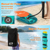 Inflatable stand-up paddle board with removable kayak seat, double PVC construction, and easy transport backpack.