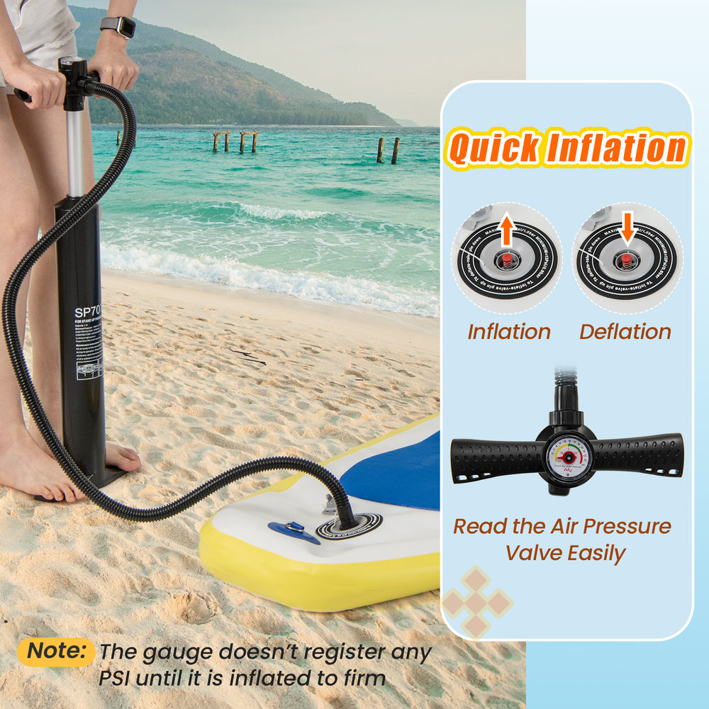 Inflatable stand-up paddle board with dual action pump, non-slip deck, and reinforced drop stitch for stability.