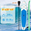 11-foot inflatable stand-up paddle board with blue design, 310 lbs capacity, and removable fin for easy transport.