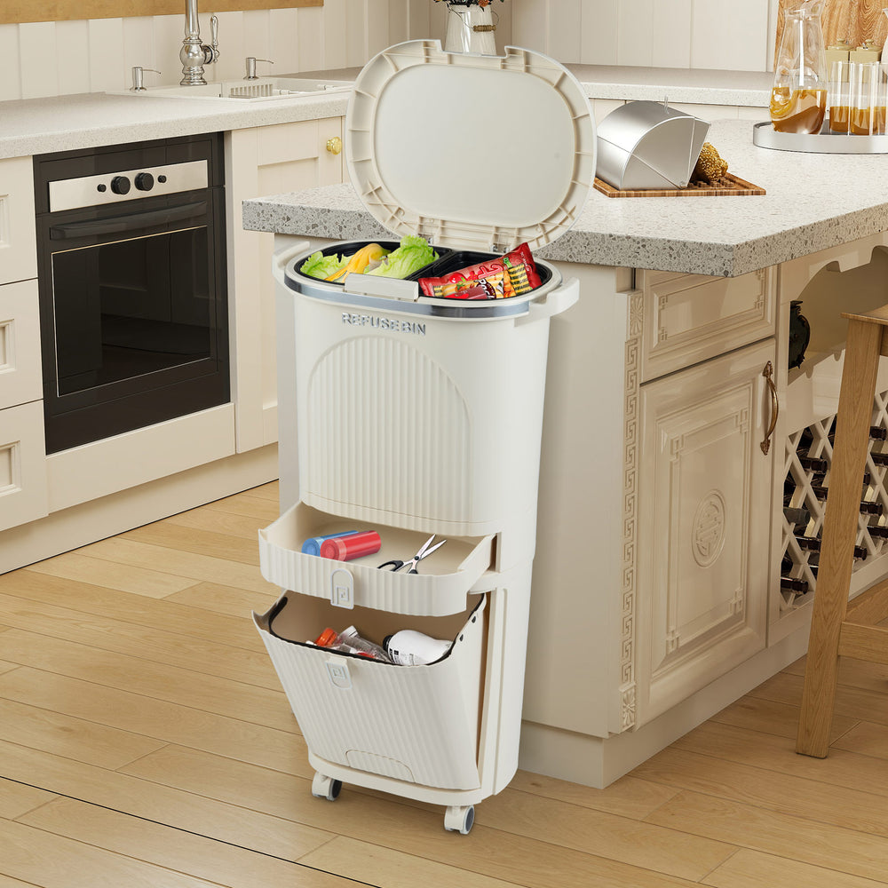 11-gallon beige kitchen trash can with lid, featuring dual buckets, pull-out drawer, and wheels for easy mobility.