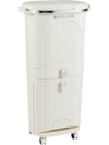 11-gallon beige kitchen trash can with lid, featuring dual buckets, pull-out drawer, and 4 wheels for easy mobility.