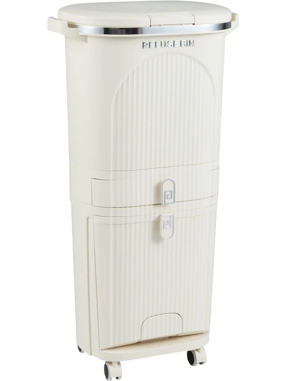 11-gallon beige kitchen trash can with lid, featuring dual buckets, pull-out drawer, and 4 wheels for easy mobility.